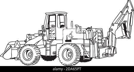 l'illustration présente des dessins vectoriels dessinés à la main sur une chargeuse sur pneus isolée sur un croquis blanc et réaliste. Illustration de Vecteur