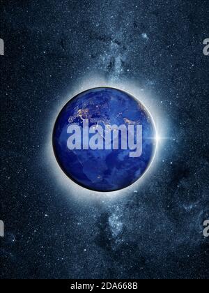 éclipse totale du soleil avec la Terre dans l'espace à Nuit avec lumières de la ville d'Europe Moyen-Orient et Afrique concept Banque D'Images