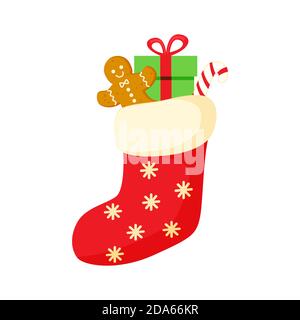 Chaussette rouge de Noël avec bonbons, pain d'épice et illustrations vectorielles de cadeaux isolées sur fond blanc. Illustration de Vecteur