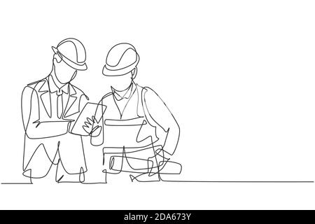 Un seul dessin de ligne jeune directeur de construction faire un bref bref court briefing au coordinateur de constructeur. Concept d'entreprise d'architecture de bâtiment. Tracé de ligne continu Illustration de Vecteur