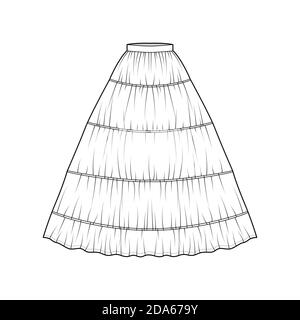 Jupons de jupe pour l'illustration technique de la mode robe avec silhouette longue au sol, plénitude circulaire. Sous-vêtement plat modèle avant, style blanc. Femmes, hommes, maquette de CAD unisex Illustration de Vecteur