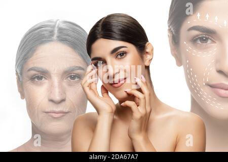 Comparaison. Portrait de la belle femme juive avec problème et peau propre, vieillissement et concept de jeunesse, traitement de beauté et de levage. Avant et après. Jeunesse, vieillesse. Processus de vieillissement et de rajeunissement Banque D'Images