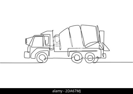 Un seul dessin de ligne de mélangeur de camion pour illustration de vecteur de ciment de mélange mobile, véhicule commercial. Concept de construction de véhicules de machines lourdes. Illustration de Vecteur