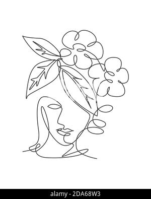 Une ligne continue dessin minimaliste beauté nature cosmétique coiffure. Bouquet de fleurs en femme tête abstrait visage concept. Décoration murale Illustration de Vecteur