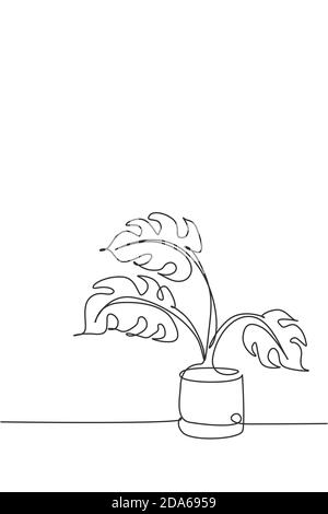 Une seule ligne représentant une feuille de monstère dans l'illustration du vecteur pot. Feuilles tropicales style minimaliste, motif floral concept pour poster, décoration murale Illustration de Vecteur