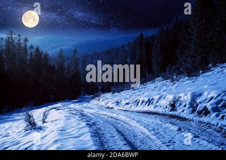 campagne carpathienne pendant une nuit d'hiver. beau paysage rural montagneux en pleine lune. route à travers la neige couvert prairie entre l'avant de l'épinette Banque D'Images