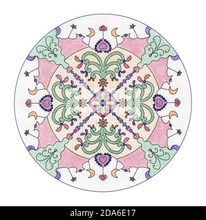 Mandala de Noël. Couleur avec crayons de couleur. Illustration. Sapin de noël fantaisie et petits coeurs. Banque D'Images