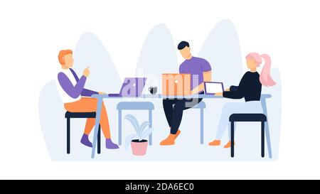 Les hommes et les femmes travaillant au bureau utilisent des ordinateurs portables. Illustration du travail de bureau Illustration de Vecteur