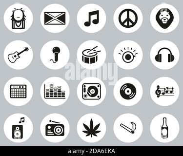 Reggae Music & Culture Icons Black & White Flat Design Ensemble de cercles grand Illustration de Vecteur