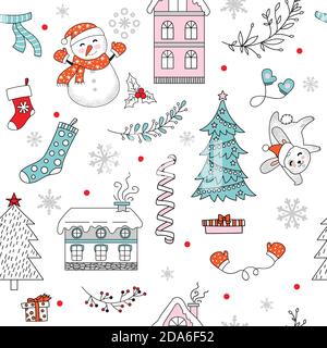 Motif vectoriel sans coutures Merry Christmas bonhomme de neige et éléments Illustration de Vecteur