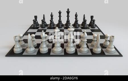 Une configuration d'ensemble d'échecs régulière pour commencer sur un damiré carte et arrière-plan studio blanc isolé - rendu 3D Banque D'Images