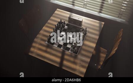 Un jeu d'échecs régulier avec une horloge de temps configurée sur une table avec des chaises opposées dans une pièce sombre rétro-éclairée Par une lumière de fenêtre lumineuse - rendu 3D Banque D'Images