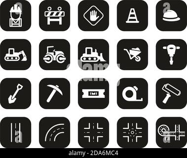 Icônes de construction de route blanc sur noir Flat Design Set Big Illustration de Vecteur