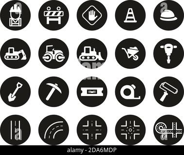 Icônes de construction de route blanc sur fond plat noir ensemble de cercles Grande Illustration de Vecteur