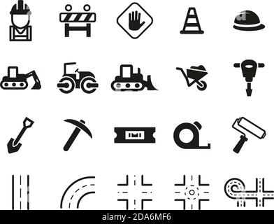 Icônes de construction routière Noir et blanc ensemble grand Illustration de Vecteur