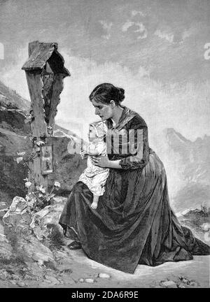 Mère et bébé à la croix commémorative du père qui est mort dans un accident dans les montagnes, Autriche, 1884 / Mutter und Baby am Gedenkkreuz des Vaters, der BEI einem Unfall im Gebirge verstorben ist, Österreich, 1884, Historisch, historique, Digital reproduction améliorée d'un original du 19ème siècle / digitale Reproduktion einer Originalvorlage aus dem 19. Jahrhundert, Banque D'Images