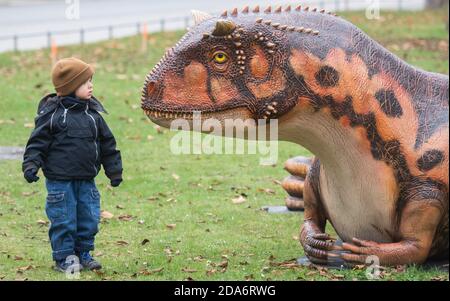 Hanovre, Allemagne. 10 novembre 2020. Le jeune Karl, âgé de deux ans, regarde curieusement le modèle d'un Carnotaureau devant le Landesmuseum. Plusieurs modèles de dinosaures grandeur nature sont exposés sur le terrain extérieur du Landesmuseum pour l'exposition 'KinoSaurier. Entre fantaisie et recherche. L'exposition est prévue du 4 décembre au 25 mai 2021. Credit: Julian Stratenschulte/dpa/Alay Live News Banque D'Images