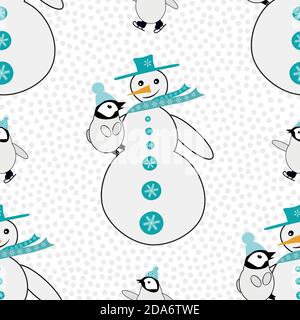 Bonhomme de neige câlin bébé pingouin plus poussin d'empereur de patinage. Arrière-plan de motif vectoriel transparent. Décor d'hiver blanc bleu avec texture boule de neige Illustration de Vecteur