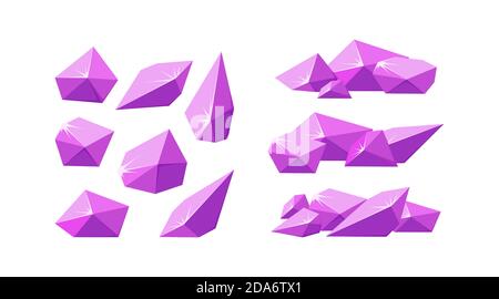 Cristaux brisés en morceaux. Jeu de cristaux roses écrasés. Pierres précieuses améthystes brisées pour les paysages rocheux. Illustration vectorielle de style dessin animé Illustration de Vecteur