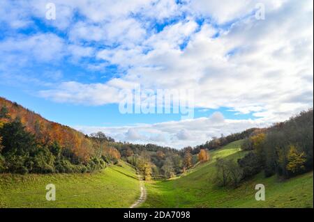 Arundel West Sussex Royaume-Uni 10 novembre - Walkers Profitez de la chaleur du soleil et de belles couleurs d'automne autour du parc Arundel dans West Sussex aujourd'hui que le sud-est baigne dans des températures plus chaudes que la normale pour la période de l'année . : crédit Simon Dack / Alamy Live News Banque D'Images