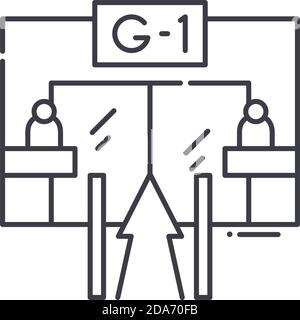 Icône de porte d'aéroport, illustration isolée linéaire, vecteur de ligne mince, panneau de conception Web, symbole de concept de contour avec contour modifiable sur fond blanc. Illustration de Vecteur