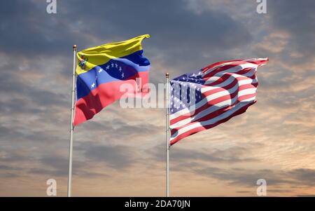 Magnifiques drapeaux nationaux du Venezuela et des Etats-Unis ensemble sur fond de ciel. Concept d'illustration 3D. Banque D'Images