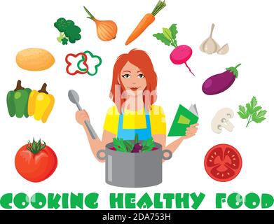 femme au foyer préparant des aliments sains dans la cuisine - illustration vectorielle Illustration de Vecteur