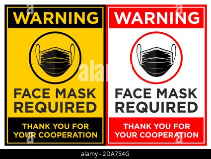 Masque facial requis. Signalisation d'avertissement verticale pour les restaurants, les cafés et les commerces de détail. Illustration, vecteur Illustration de Vecteur