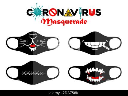 Concept d'impression sur les masques de protection du visage réutilisables. Divertissement pendant la quarantaine du coronavirus. Visages de dessin animé drôle - bouche cousue, bouche fangée, t Illustration de Vecteur