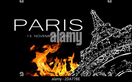 Priez pour Paris. Symbole de la Tour Eiffel en feu. Date 13 11 2015 - le jour de l'attentat terroriste à Paris. Banque D'Images