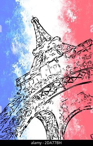 Dessin abstrait du symbole de la tour Eiffel de Paris sur le fond de grange dans les couleurs du drapeau français Banque D'Images