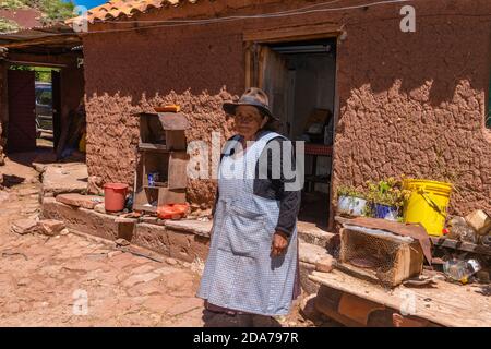 Très vieille femme locale dans la cour intérieure de sa maison en adobe, Chainaca, Municipalité de sucre, Andes, Bolivie, Amérique latine Banque D'Images