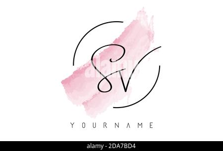 Lettres SV S V manuscrites logo avec concept Pink pastel aquarelle Pink Contour et forme circulaire arrondie. Illustration de Vecteur