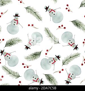 Motif aquarelle de bonhomme de neige sans couture, dessin animé peint à la main avec sapin, baies et bonhomme de neige pour l'impression, le tissu ou l'emballage Banque D'Images