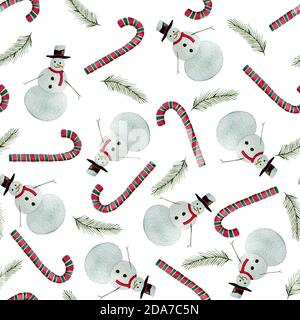 Motif aquarelle de bonhomme de neige sans couture, dessin animé peint à la main avec sapin, canne à sucre et bonhomme de neige pour l'impression, le tissu ou l'emballage Banque D'Images