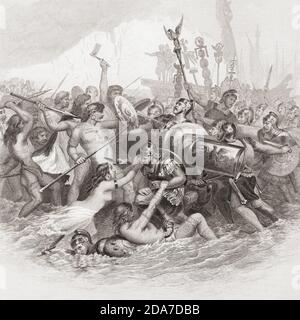 La première invasion de la Grande-Bretagne par Julius Caesar en 55 av. J.-C. Après une œuvre d'Alonzo Chappel. Banque D'Images