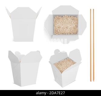 Boîte blanche avec riz et baguettes, emballage en papier pour les aliments chinois ou japonais. Maquette vectorielle réaliste de bâtonnets de bambou et boîtes à emporter vierges ouvertes avec basmati bouilli à l'avant et en haut Illustration de Vecteur