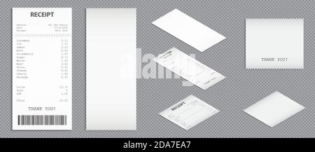 Reçus d'atelier, chèques de caisse papier avec code à barres en haut et vue en perspective. Ensemble vectoriel réaliste de factures d'achat, factures vierges et imprimées. Chèques d'achat isolés sur fond transparent Illustration de Vecteur