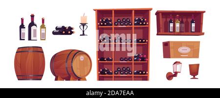 Bouteilles et fûts de vin, fûts en bois, étagère, rack et boîte avec alcool. Ensemble de meubles de dessin animé Vector dans une cave de vinification, un sous-sol de restaurant ou une salle de stockage de cave à vin isolée sur fond blanc Illustration de Vecteur