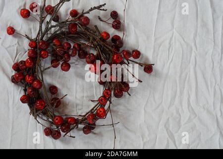 Couronne naturelle de la branche avec petite pomme sauvage rouge (pomme paradisiaque) sur fond de ligne blanche Banque D'Images
