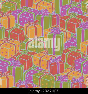 Motif vectoriel sans couture de différentes boîtes-cadeaux colorées. Conception pour l'emballage du papier. Illustration de Vecteur