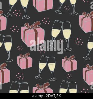 Motif vectoriel sans coutures avec boîtes cadeaux et verres à champagne sur fond sombre. Motif cadeau. Illustration de Vecteur