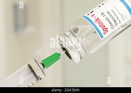 Buenos Aires, Argentine - novembre 10 : flacon de vaccin Spoutnik-v Covid -19 et seringue d'injection isolés sur fond blanc. illustration 3d. Banque D'Images