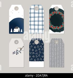 Ensemble d'étiquettes-cadeaux scandinaves de Noël, étiquettes. Paysage enneigé avec maison, couronne florale et oiseau sur branche houx. Tissu à carreaux et tricotés Illustration de Vecteur