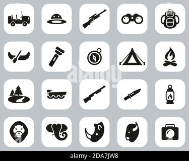 Safari ou icônes de chasse ensemble de conception plate noir et blanc Grande Illustration de Vecteur