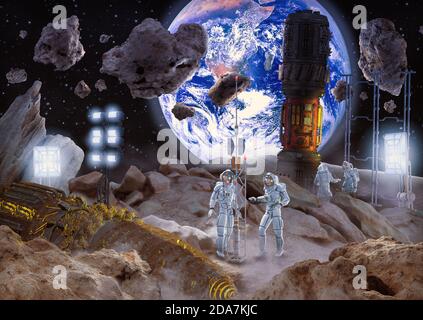 Concept de l'extraction d'astéroïdes dans l'espace pour les matières premières rares , rendu 3d. Banque D'Images