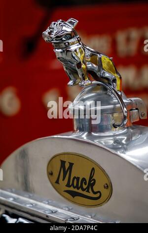 Le logo de la marque Mack Trucks le Bulldog sur divers véhicules au musée Bill Richardson transport World, Invercargill, Nouvelle-Zélande. Banque D'Images