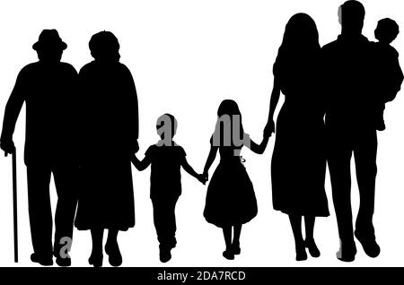 Famille silhouettes grands-parents père mère et trois enfants du dos Illustration de Vecteur