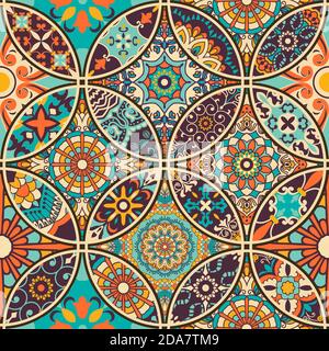 Carreaux colorés sans couture avec motifs Islam, arabe, indien, pouf. Carreaux de poterie de majolica. Décor portugais et espagnol. Carrelage en céramique de style talavera. Illustration de Vecteur