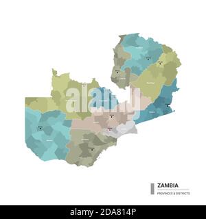 Carte détaillée du higt de Zambie avec subdivisions. Carte administrative de la Zambie avec le nom des districts et des villes, colorée par les États et le district administratif Illustration de Vecteur